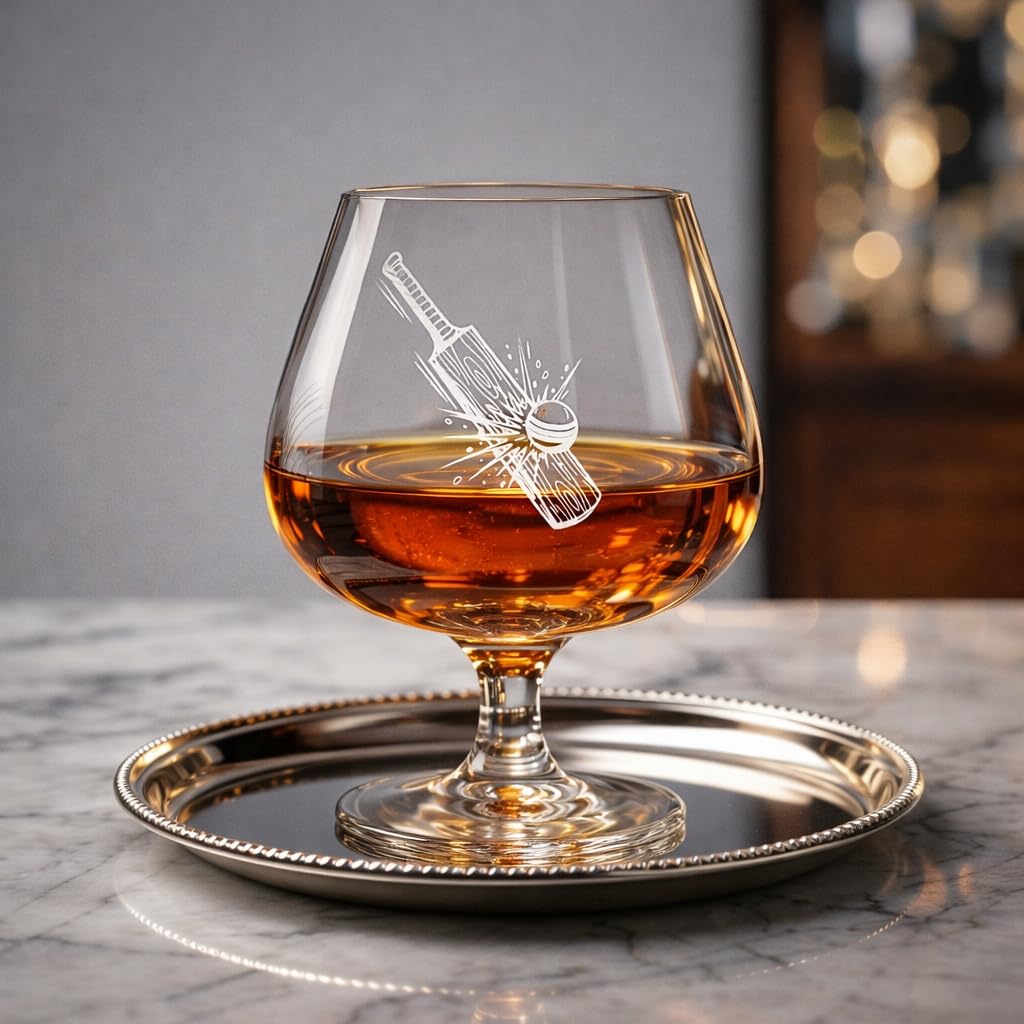 Borotech Whiskey Brandy Glass with Cricket Theme Engraving, Hand Blown Borosilicate Glass, 350ml, Transparent, - BorotechB0GFVRPRNMBorotech