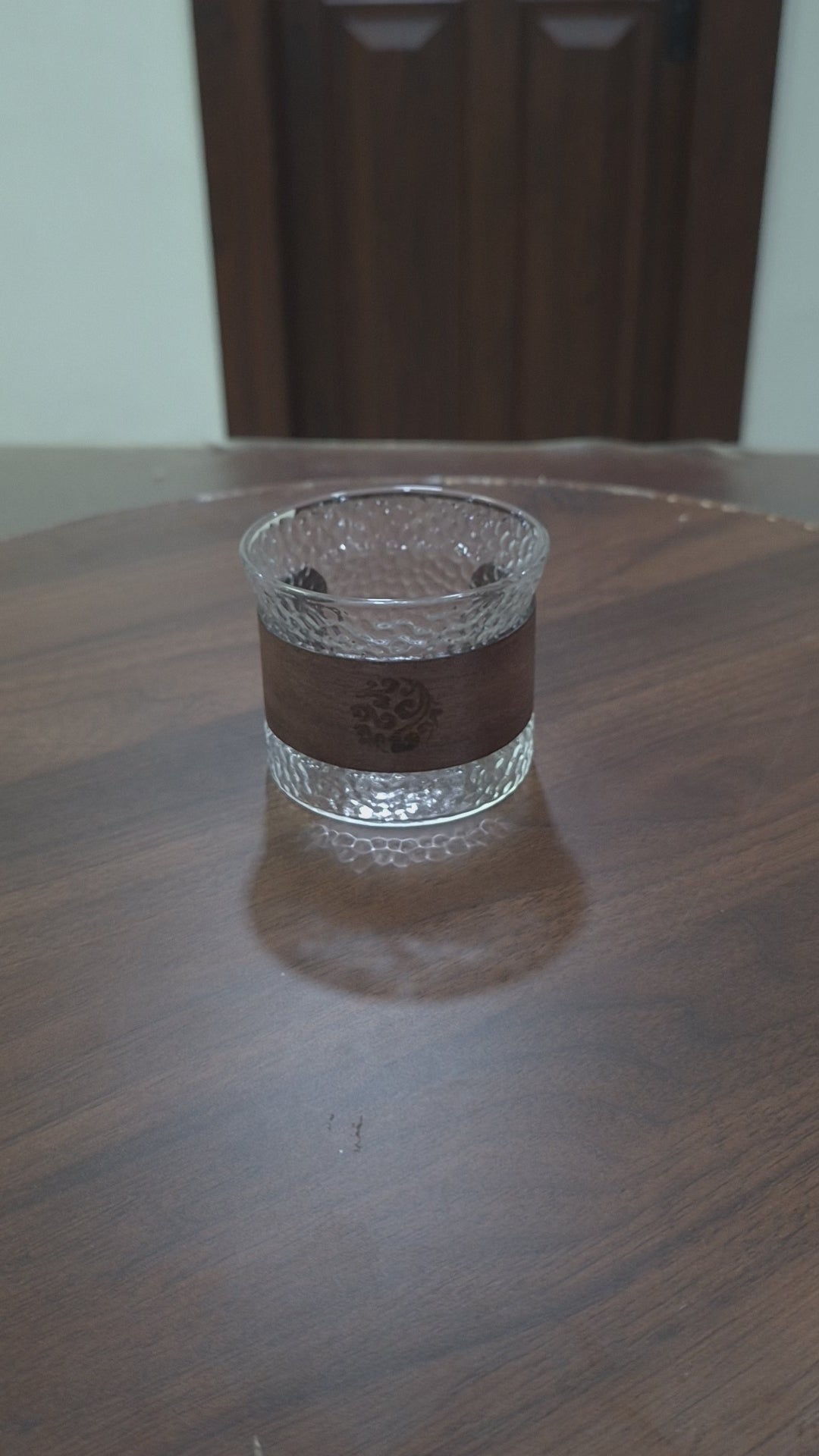 Load video: Artisan Hammered Borosilicate Glass — Engraved Wood Band