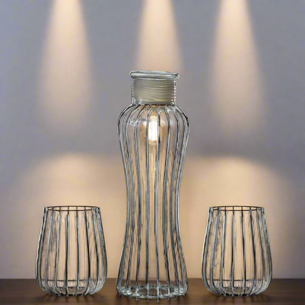 Ribbed Borosilicate Bottle and Glass Set - Borotechheight : 250 mm diameter: 82 mm ml capacity : 750 ml G - 79Aw clear