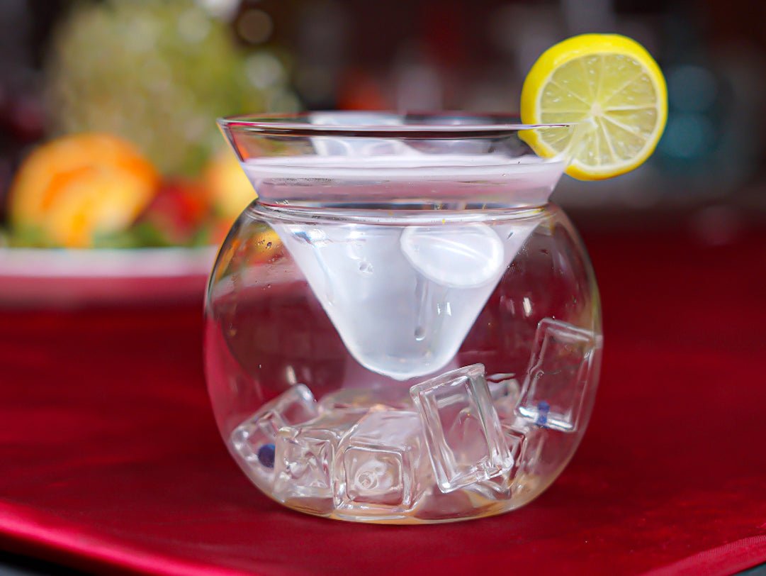 Set of 2 borosilicate fishbowl cocktail glasses, 160ml capacity, 105mm tall, with a sleek, transparent design.
