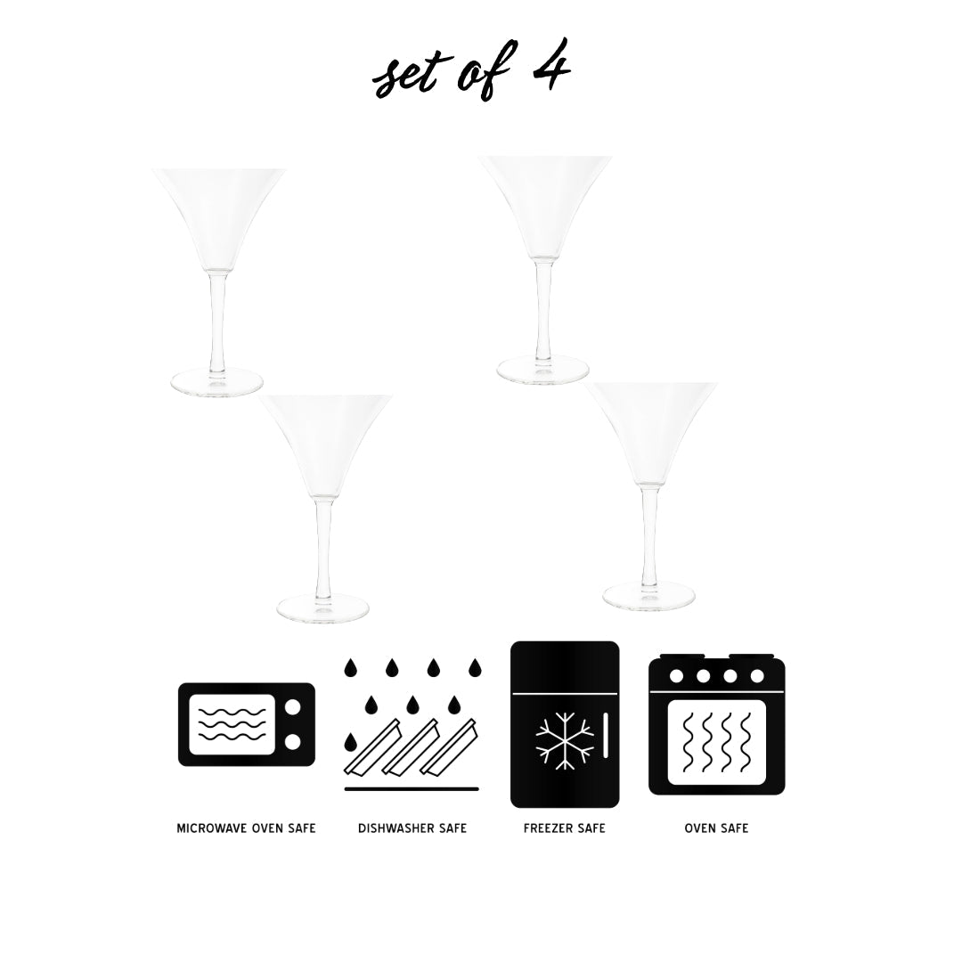 Set of borosilicate martini glasses, ideal for serving signature cocktails at home or in bars.