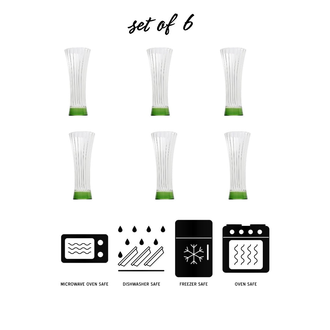 Stylish borosilicate juice glasses with ribbed texture and green base, ideal for home, cafes, or special gatherings.