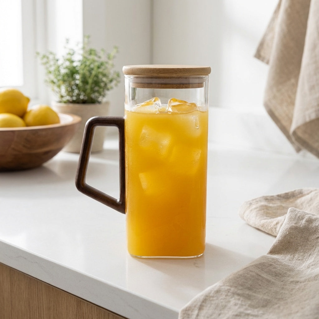 Square Borosilicate Glass Mug with Bamboo Lid
