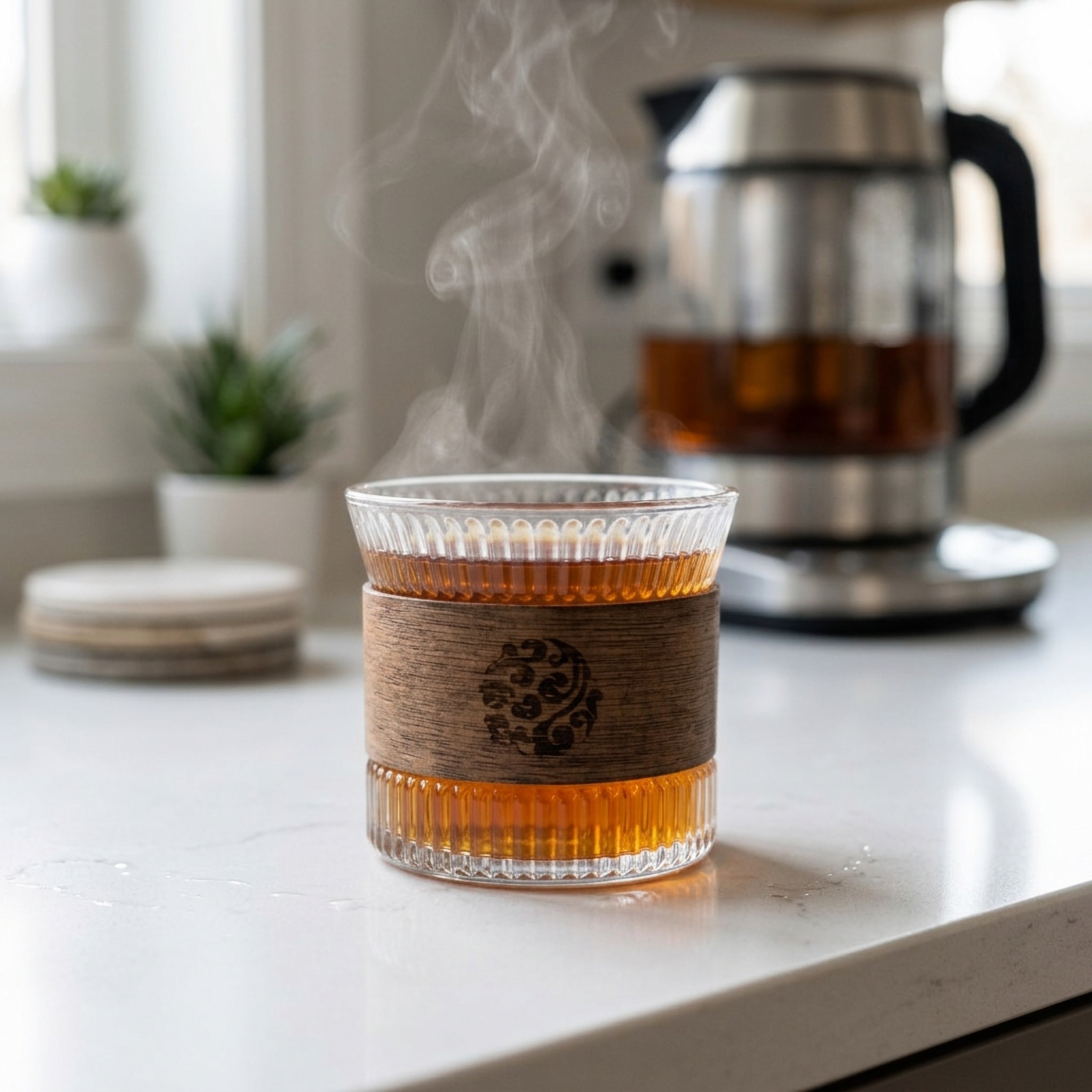 Ribbed Borosilicate Tumbler with Wood Band