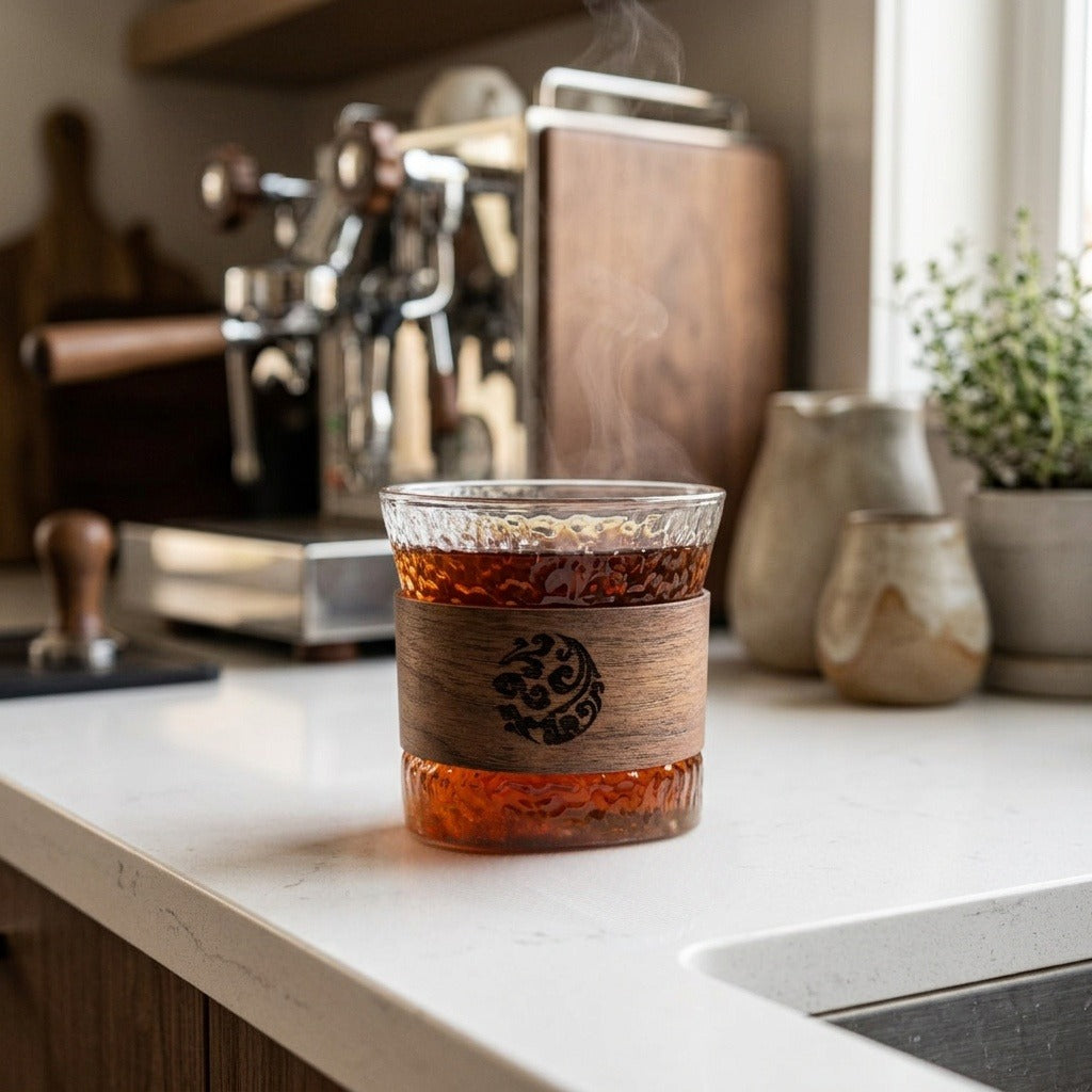 Artisan Hammered Borosilicate Glass — Engraved Wood Band