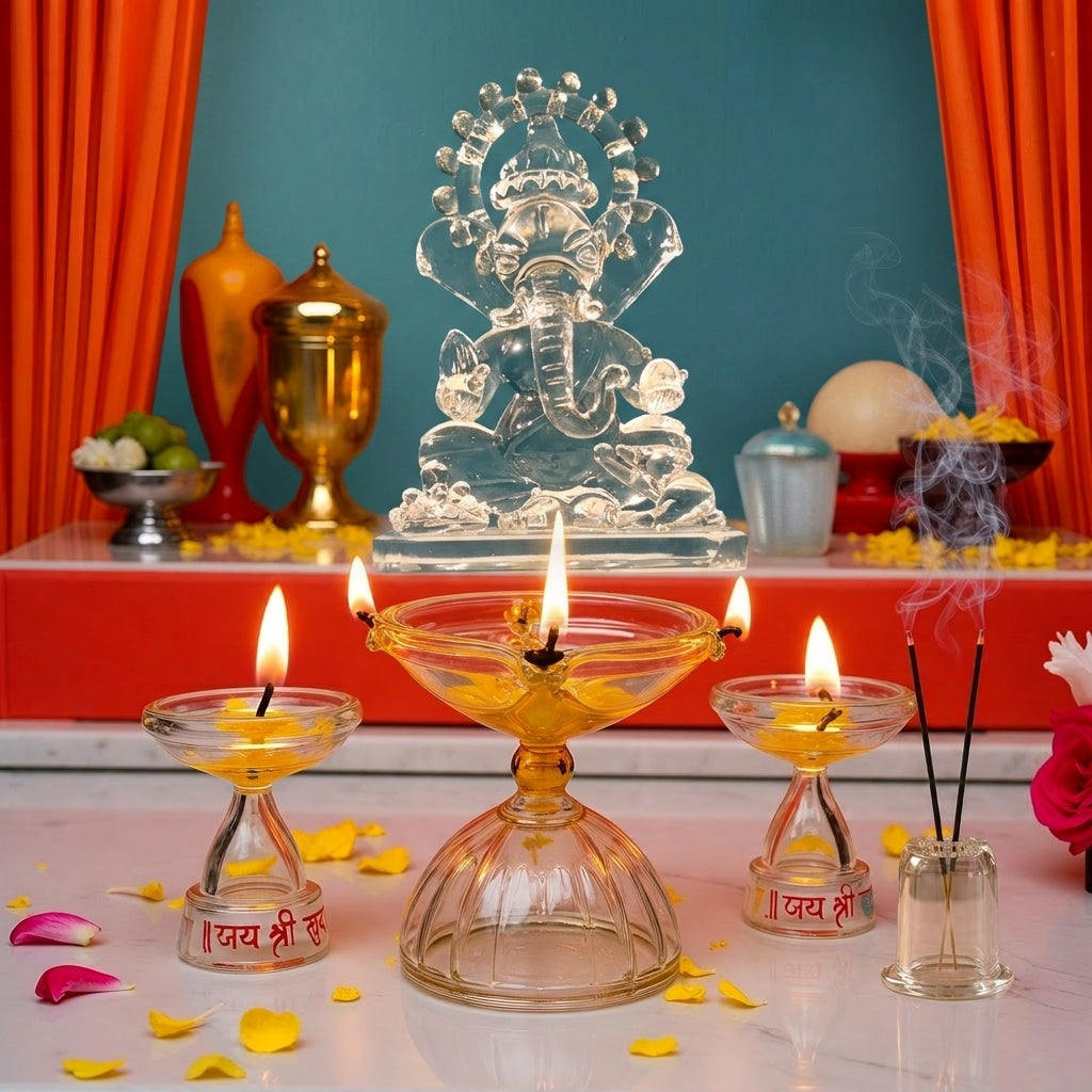 Glass Ganesh Idol Puja Set 7 Piece Crystal Clear Glass Pooja Kit for Home Temple, Diwali & Ganesh Chaturthi
