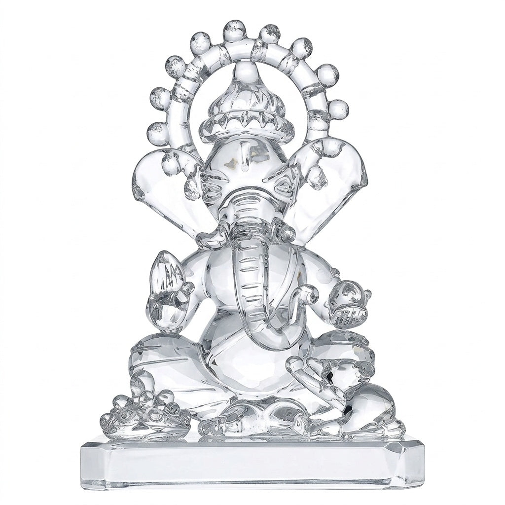 Glass Ganesh Idol Puja Set 7 Piece Crystal Clear Glass Pooja Kit for Home Temple, Diwali & Ganesh Chaturthi