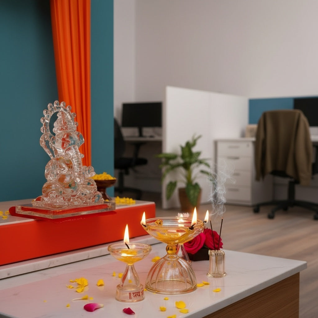 Glass Ganesh Idol Puja Set 7 Piece Crystal Clear Glass Pooja Kit for Home Temple, Diwali & Ganesh Chaturthi