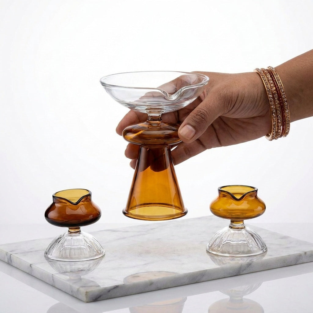 Borotech Amber Glass Diyas – 3 Pc Handmade Set for Pooja & Decor