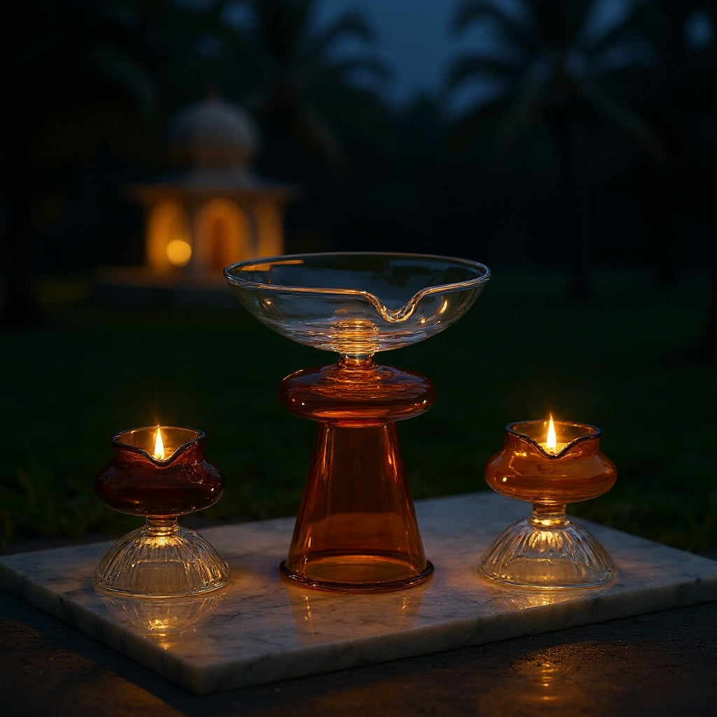 Borotech Amber Glass Diyas – 3 Pc Handmade Set for Pooja & Decor