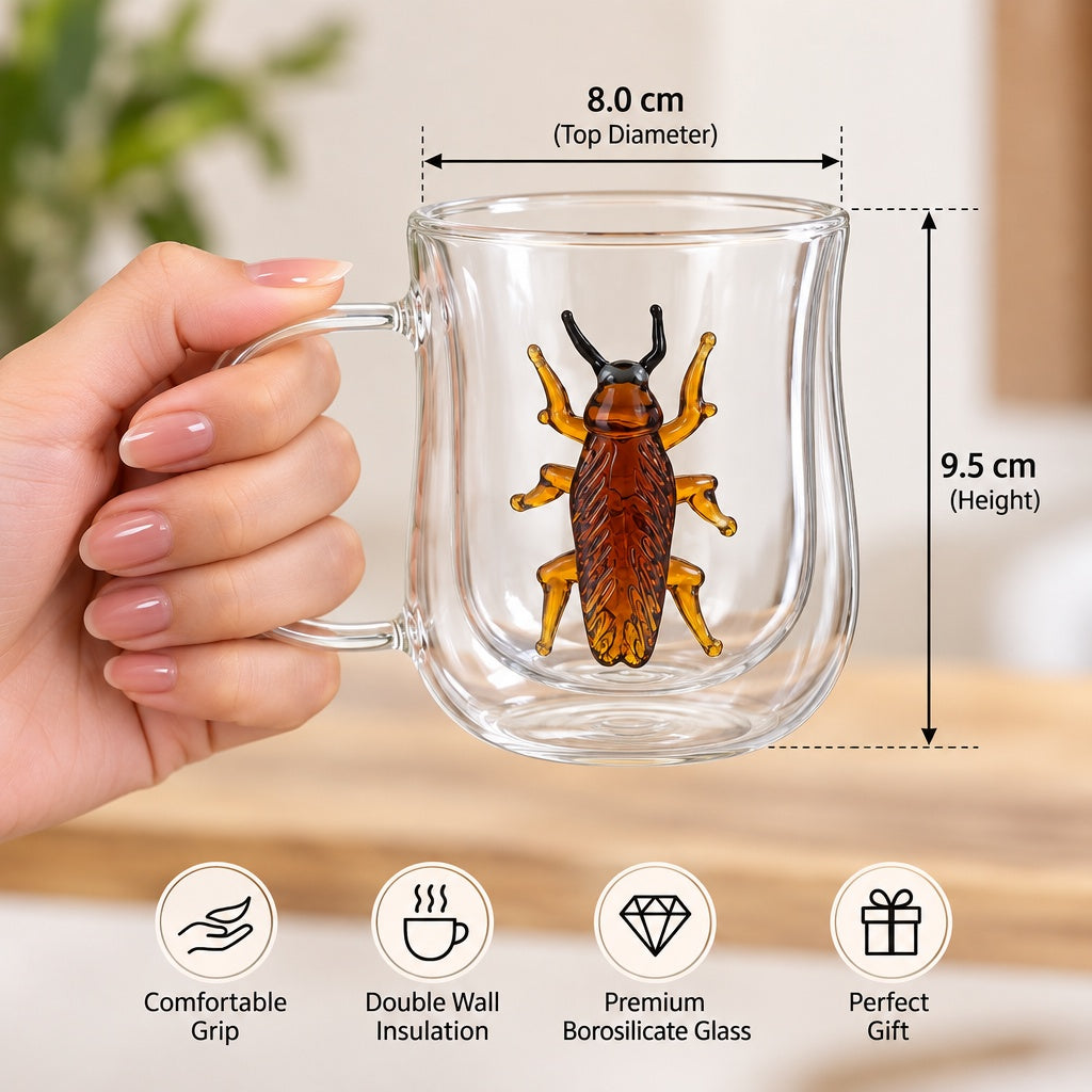 Handmade 3D Animal Double Wall Glass Mug | Fish, Cockroach, Dragon, Sun, Monkey | Borosilicate Coffee & Tea Cup
