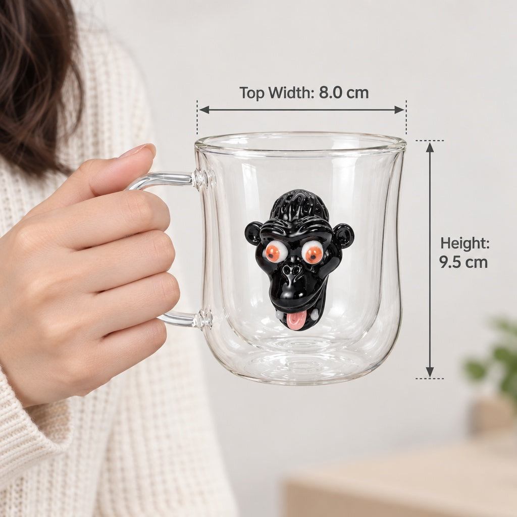 Handmade 3D Animal Double Wall Glass Mug | Fish, Cockroach, Dragon, Sun, Monkey | Borosilicate Coffee & Tea Cup