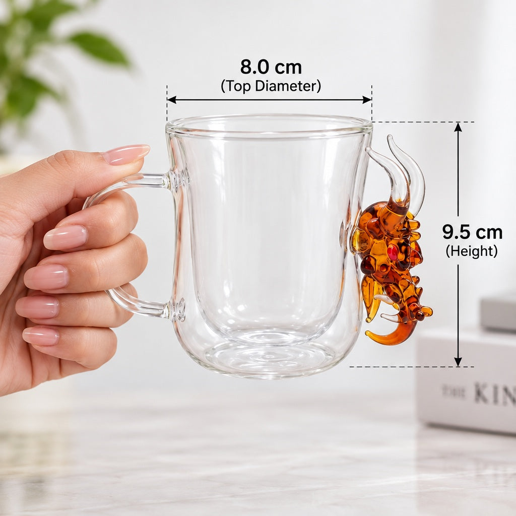 Handmade 3D Animal Double Wall Glass Mug | Fish, Cockroach, Dragon, Sun, Monkey | Borosilicate Coffee & Tea Cup