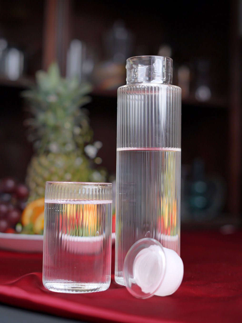 Thin Ribbed Clear Borosilicate Bottle and Glass Set - Borotech