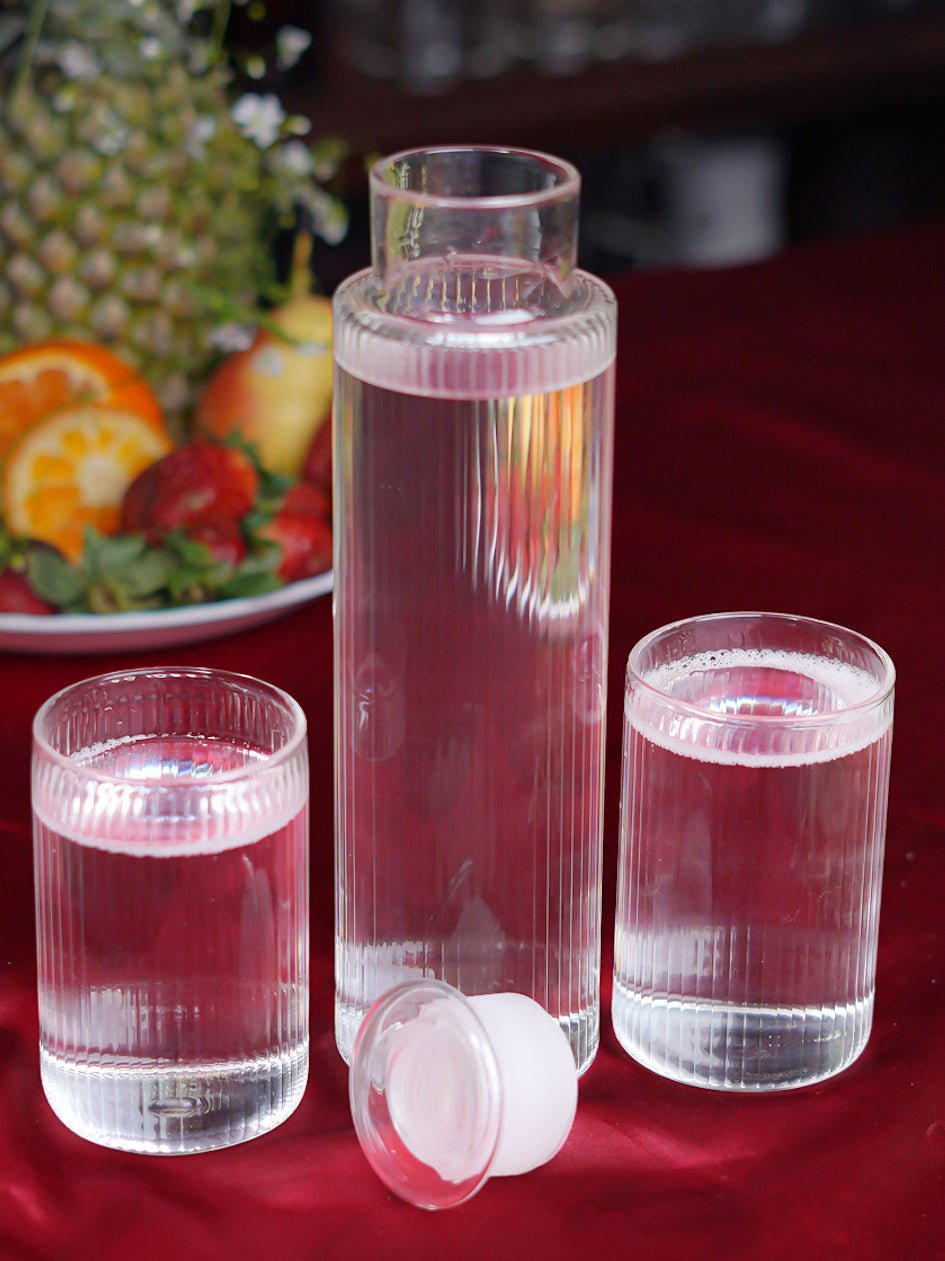 Thin Ribbed Clear Borosilicate Bottle and Glass Set - Borotech